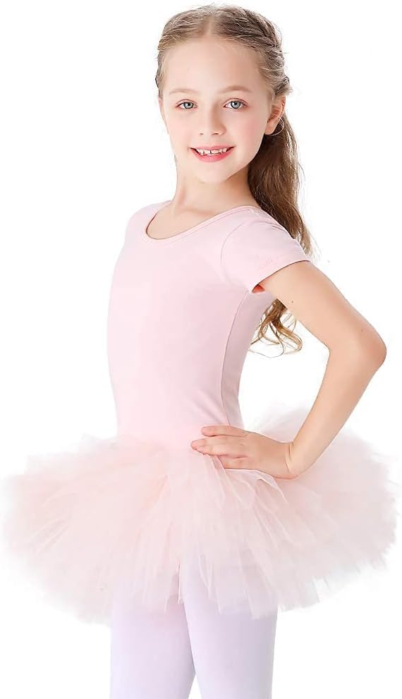jaffiustJaffiust Girls Cotton Ballet Dance Dress Cute Tutu Skirted Leotard Short Sleeve (Pink/130)