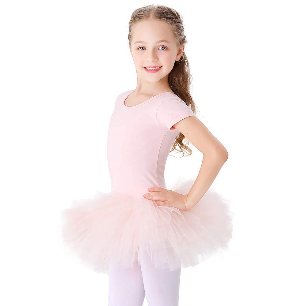 jaffiustJaffiust Girls Cotton Ballet Dance Dress Cute Tutu Skirted Leotard Short Sleeve (Pink/130)