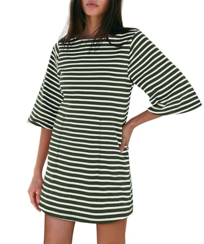 Image of Yousify Women's T Shirt Dress Cotton Summer Dresses 2026 Casual Loose Short Sleeve Striped Mini Dress with Pockets