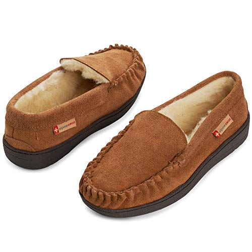 Alpine Swiss Men’s Moccasin Slippers Genuine Suede Slip-On House Shoes Memory Foam Insoles Plush Faux Shearling Lining Comfortable Indoor Outdoor Slipper with Anti-Slip Rubber Sole CHST 11