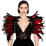L'VOW Gothic Natural Feather Cape Shawl Shoulder Wrap Lace Collar Halloween Evil Queen Costumes for Women(Red)