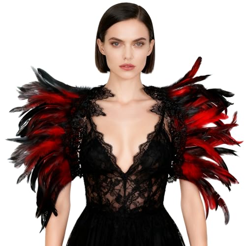 L'VOW Gothic Natural Feather Cape Shawl Shoulder Wrap Lace Collar Halloween Evil Queen Costumes for Women(Red) by L'VOW - Used condition - US$18.98