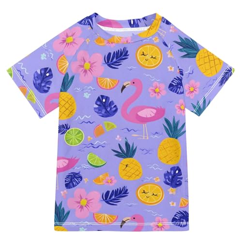 ALAZA Kids Rash Guard Boys Toddler Swim Shirts Short Sleeve Flamingo Pineapple Violet UPF 50+ 3T