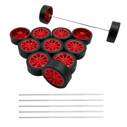 12PCS Toy Car Wheels 30mm Model Car Rubber Tire Wheels with 6PCS Shaft Round Axles for for RC Car Truck Robot DIY Model Toy Building Project Accessories (Red)