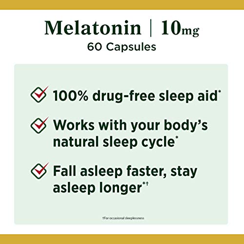 Nature's Bounty Melatonin, 100% Drug Free Sleep Aid, Dietary Supplement, Promotes Relaxation And Sleep Health, 10Mg, Green, 60 Count #TOP2