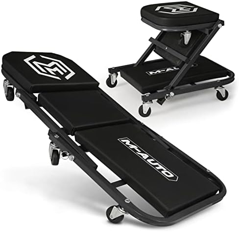 M-AUTO Foldable Z Creeper 2-in-1 Rolling Folding Car Creeper & Seat, 36" Adjustable Roller Garage Chair Lay Down or Sit, 330LBS Capacity Under Car Roller Creeper with 6 Swivel Casters, Black