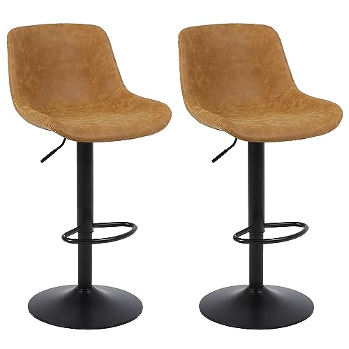 Swivel Bar Stools Set 2, Adjustable Height Suede-Like Leather Yellow