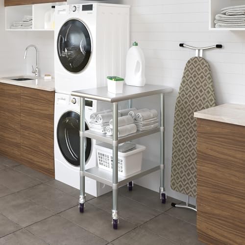 Image of AmGood Stainless Steel Work Table with 2 Shelves and Casters | Metal Utility Table On Wheels (Stainless Steel Work Table with 2 Shelves + Casters, 18 inch Long x 30 inch Deep)