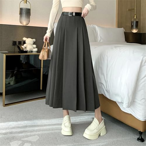 Women's Vintage Solid Color Pleated Skirts High Waist Casual Mid Length Women A-Line Skirts3