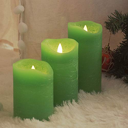 Image of iZAN 3 Pack Real Wax Flameless Candles Battery Operated LED Pillar Flickering Realistic Electric Candle Gift Sets with Remote Control and Cycling 24 Hours Timer 3 inchD X 4 inch 5 inch 6 inch H (Apple Green)