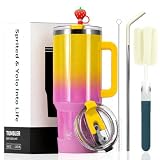 LeuKoles 40oz Watersy Thermobecher mit Griff und Strohhalm, doppelwandiger Edelstahl Kaffeebecher to Go (34h kalt haltend), Vakuum Trinkbecher für Tee, kalte Getränke und Kaffee (Gelber Farbverlauf)