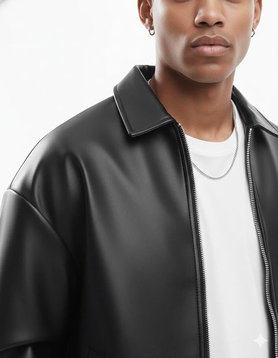 Buy Men's Black Leather Coach Jacket | Oversized Zip-Up Winter Jacket | Regular Fit Casual Streetwear with Pockets for Everyday Wear, Travel & Parties at Amazon.in - Image 4