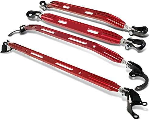 HYPERSPEED Strut Bar Front+Rear+Upper+Lower Tower Brace Bar 4PCS CNC Aluminum Fit for Honda Civic/CRX/Civic Del Sol Fit for Acura Integra, Automotive Replacement (All 4PCS w/ 23" Rear Lower, Red)