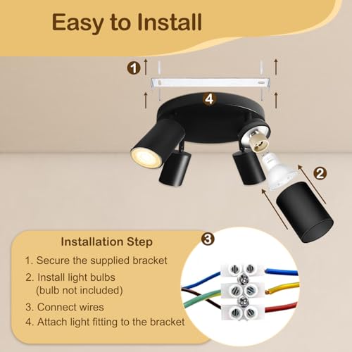 Image of Wiseworld 4 Light Track Lighting Fixtures for Ceiling LED Black Spot Lights Indoor Round Chassis GU10 Base Lamp Rotatable Modern Ceiling Spotlight for Bedroom Kitchen Hallway (Bulb Not Included)
