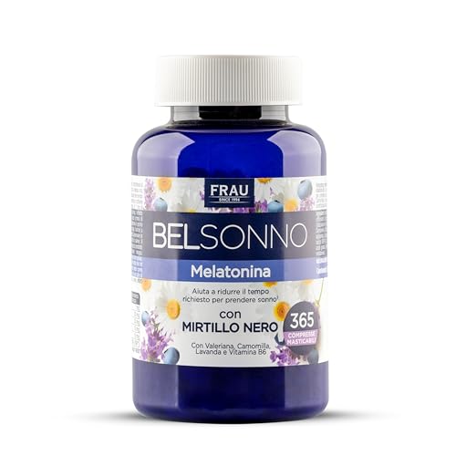 FRAU BEL SONNO Melatonina 365 Compresse Masticabili, Un Anno di Scorta, Integratore Alimentare per Favorire il Sonno con Valeriana, Camomilla, Lavanda e Vitamina B6, Gusto Mirtillo