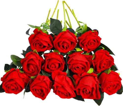 FINGOOO 12pcs Artificial Roses, 11.8” Single Stem Fake Rose Silk Faux Flowers Wedding Bouquet Realistic Flower for Valientines Decorations, Red