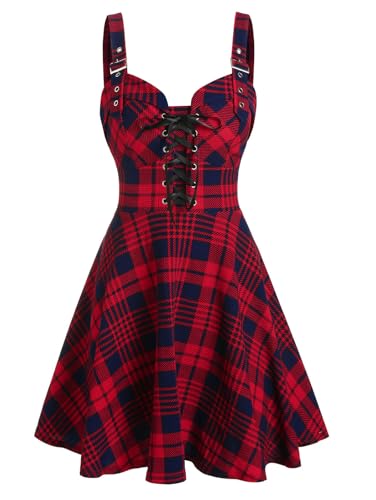 DRESSFO Women's Gothic Plaid Lace-up Dress - Retro 1950s Empire Waist (Red/Large)