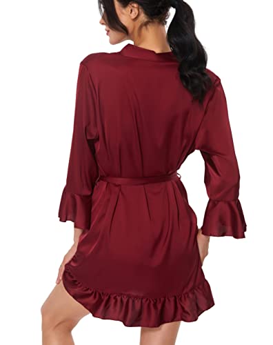 Toikeeoi Women's Kimono Robe Short Satin Pure Short Silky Robes Sexy V Neck Sleepwear (Wine, One Size) #TOP3
