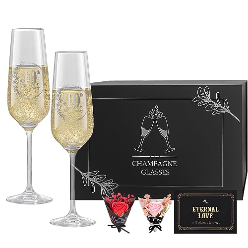 DIOXADOP 10th Anniversary Champagne Flutes Set of 2, 10th Wedding Anniversary Champagne Glasses, 10th Wedding Gifts for Couple, Gifts for Wedding Anniversary Husband and Wife