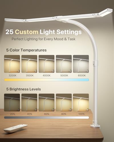 Image of ONEMIX 42 inch LED Desk Lamp with Clamp, Architect Desk Light with Remote, Adjustable 4-Segment Bar, 1800LM Bright, Eye-Caring Desk Lamp for Home Office, Reading, Study, Dual Monitors, Workbench (White)