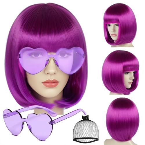 JoneTing Purple Bob Wig for Women Short Purpled Carnival Wigs with Bangs