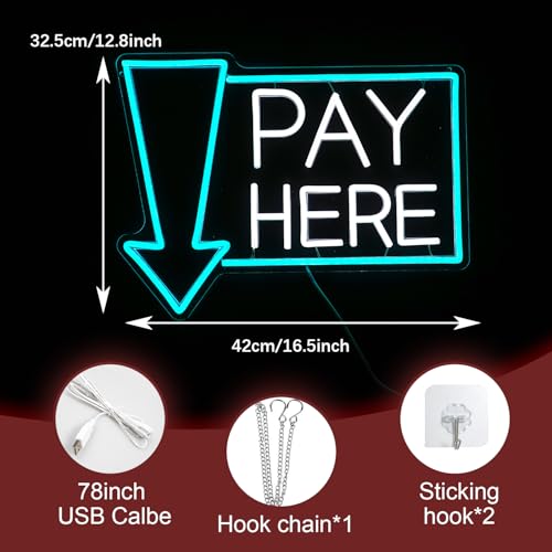 Image of Pay Here Neon Sign Bright Ice Blue White Pay Light Up Sign for Business Decor Dimmable LED Words Neon Light for Restaurant Shop Bar Neon Wall Decor (16.5 * 12.8 In)
