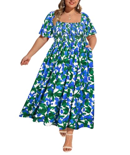 Image of RITERA Plus Size Dresses for Curvy Women Square Neck Short Sleeve Summer Floral Smocked Maxi Dress with Pocket XL-5XL