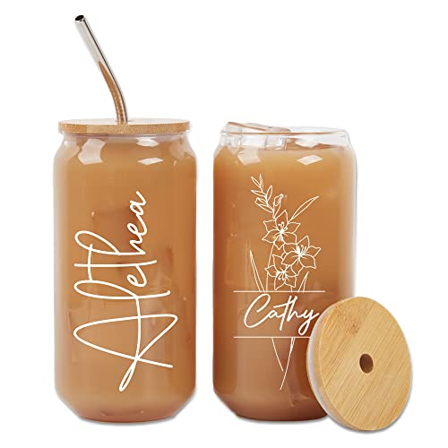 Mostop Personalized Iced Coffee Glass with Lids and Straws, Custom Birth Flower Tumbler, Mother's Day and Birthday Gifts, Gifts for Her and Girlfriend, Bachelorette Party Can Glass Cups