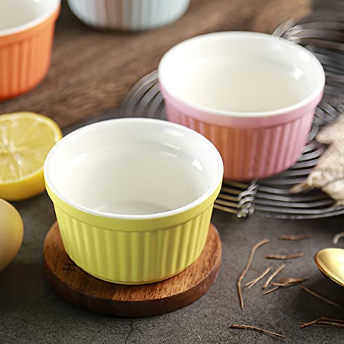 YAZYLIFE Ramekins 6oz Oven Safe, Creme Brulee Ramekin and Souffle Dishes, Porcelain Baking Bowls, Dipping Sauce Dish.Pudding Cups, Set of 6, Blue.