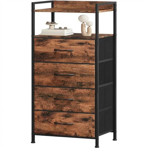 TUFSPRAX 4-Drawer Fabric Bedside Table – Sturdy Steel Frame, Open Shelf, Adjustable Feet – Slim Bedside Table for Bedroom, Living Room, Office –...