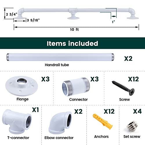 Muzata 10Ft Staircase Handrail White Pipe Handrail Staircase Steps Hand Rail For Indoor Stairs 440Lbs Load Capacity Wall Mount Support Galvanized Steel Industrial Style, Hw20 Wbg #TOP1