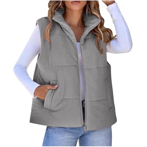 Zeiayuas Women's Winter Gilets Padded Down Jacket Corduroy Sleeveless Windproof Jackets Thicken Body Warmer Ladies Winter Quilted Coat Warm Outerwear Outdoor Walking Hiking Gilet with Pocket
