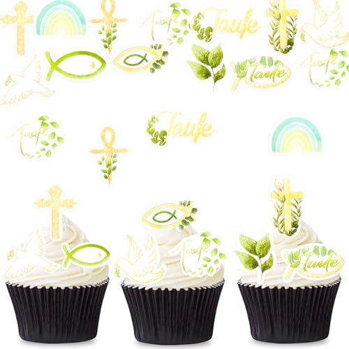 ENLACE Cupcake Topper Taufe Tortendeko Essbar,48 Stück Esspapier Taufe Deko Torte,Kreuzen Kuchen Deko Essbar,Essbare Tortendeko Kommunion,Kreu Kuchendeko Mädchen Junge,Fisch Muffin Topper