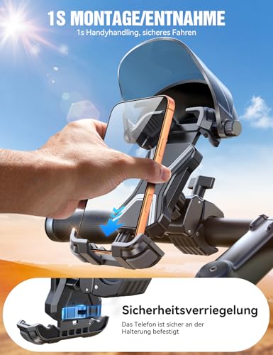 2026 JOYROOM Handyhalterung Fahrrad mit Sonnenblende, Handyhalter Motorrad Anti-Reflex, 1S-Montage, Universal Handy Halterung Fahrradlenker Kompatibel mit iPhone 17/16 und Samsung S26 (4,7-7 Zoll)