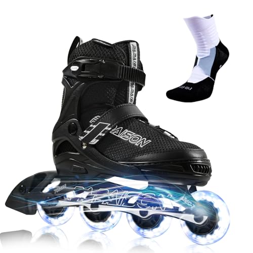 PAPAISON Adjustable Inline Skates for Kids and Adults with Full Light Up Wheels, Outdoor Roller Skates for Girls and Boys, Men and Women (Black, Large-Youth & Adult (5-8Women/4-7Kids Men))