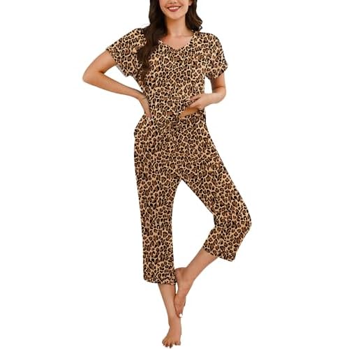 Marvmys Women's Capri Pajama Sets Short Sleeve 2 Piece Pjs V Neck Tops & Capri Pants with Pockets S-2XL Medium Leopard