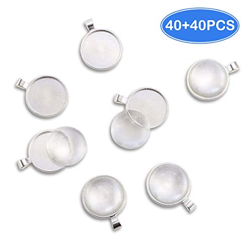 Oopsu 40 Pieces Transparent Glass cabochons with 40 Silver Pendant Trays, Clear Glass