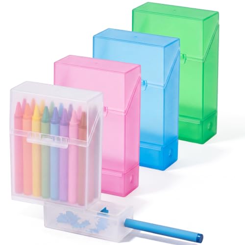 Clabby 4 Pcs 2 in 1 Plastic Clear Crayon Box with Sharpener Bulk Holds 24 Crayons Plastic Crayon Boxes with Hinged Lid and Snap Closure for Pen School Office Supplies Organization (Multicolor)