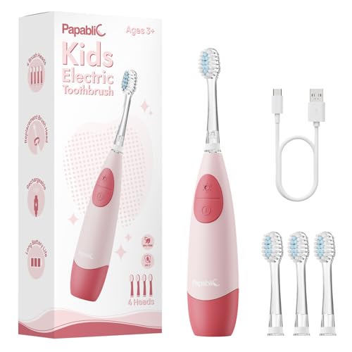 Papablic Kids Electric Toothbrush for Ages 4+ Children Girls and Boys, USB Rechargeable with Smart Brushing Timer, LED Light & 4 Replacement Brush Heads, Pink Pink 4 PACK