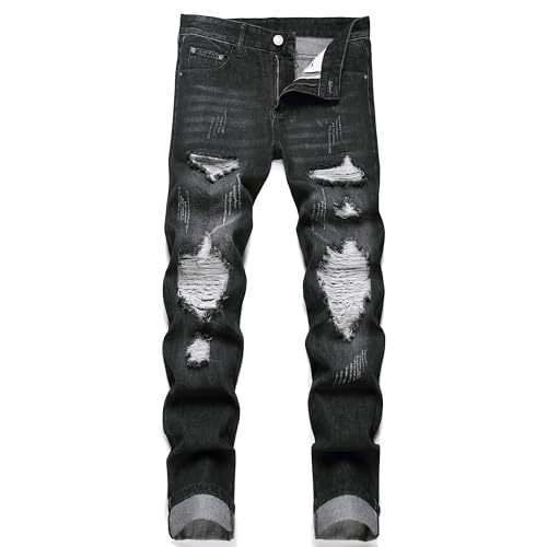 OIIIO Men's Ripped Slim Fit Straight Leg Jean Denim Pant (40, 30021 Black)