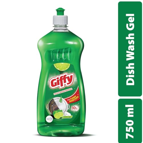 Image of Giffy Liquid Dishwash Gel | 750ml | Green Lime & Active Salt | 50% More Effective | Tough Grease Removal Expert | Turbo Boosters | Mild fragrance | Removes Tough Malodour | Hand-Safe