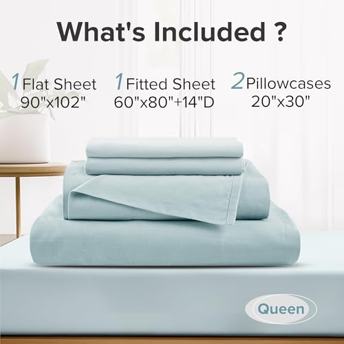Comfort Spaces 100% Cotton Sheets Queen, Breathable, Soft Cotton Sheets, Naturally Cool Cotton Bed Sheets with 14" Elastic Pocket Fits up to 16" Mattress, All Season Sheet Set, Light Blue 4 Piece