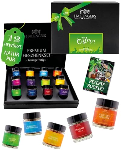 Hallingers Genuss Manufaktur Gewürze Geschenkset Ostern – 12 Premium Gewürze im Glas, edle Geschenkbox zum Kochen Würzen & Grillen, Gewürze Set Frohe Ostern, Geschenkidee für ins Osterkörbchen