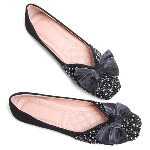 SAILING LU Square Toe Flats Shoes Rhinestoned Bowknots Ballet Flats for Women Studded Dress Shoes Comfort Light Weight Loafers2