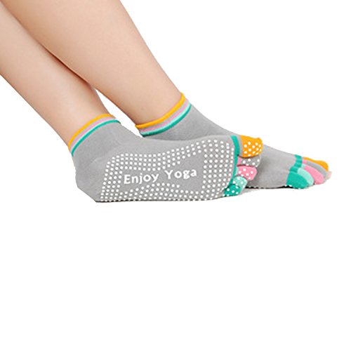 HMLifestyle-Excercise Full Five Non Slip Toe Socks Yoga With Grips for Women Girls Cotton Running Pilates Barre Sock(One Size) (mulit-Grey)