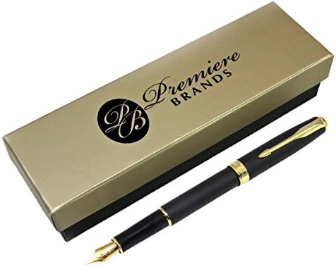 Classic Fountain Pen by Premiere. Matte Black Finish, Gold Plated Clip, Trim and Medium Fine Nib, Executive Business Writing, Journaling and Signature Pen. Ink Refill Converter and 1 Ink Cartridge