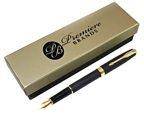 Classic Fountain Pen By Premiere. Matte Black Finish, Gold Plated Clip, Trim And Medium Fine Nib, Executive Business Writing, Journaling And Signature Pen. Ink Refill Converter And 1 Ink Cartridge #TOP1