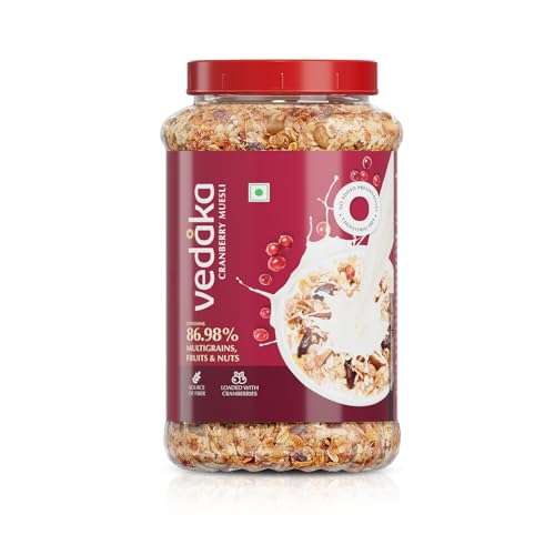 Amazon Brand - Vedaka Cranberry Muesli 1 kg Jar | Contains 86.98% Dry Fruits, Nuts and Multigrains | Loaded with Cranberries | Source of Fiber | No Added Preservatives | Breakfast Cereal