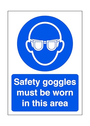 Safety goggles must be worn in this area - safety sign, ppe, eye protection - 1.2mm Rigid plastic for indoor/outdoor usage (300mm x 200mm) Viewing Distance within 7m.