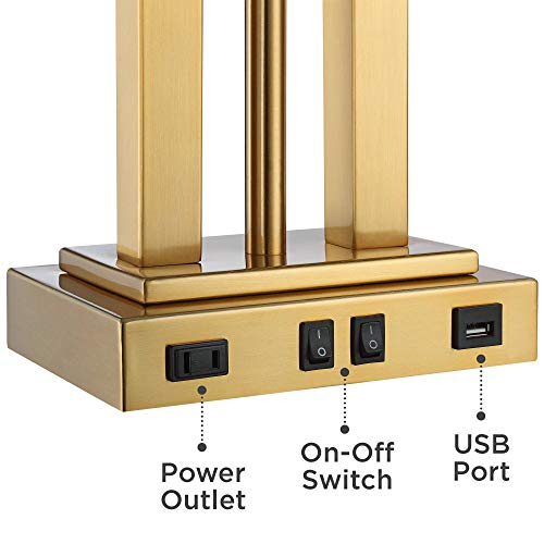 Possini Euro Design Deacon Modern Desk Table Lamp With Usb And Ac Power Outlet In Base Led Gooseneck 26" High Antique Brass Oatmeal Linen Drum Shade For Living Room Bedroom Bedside Nightstand #TOP4